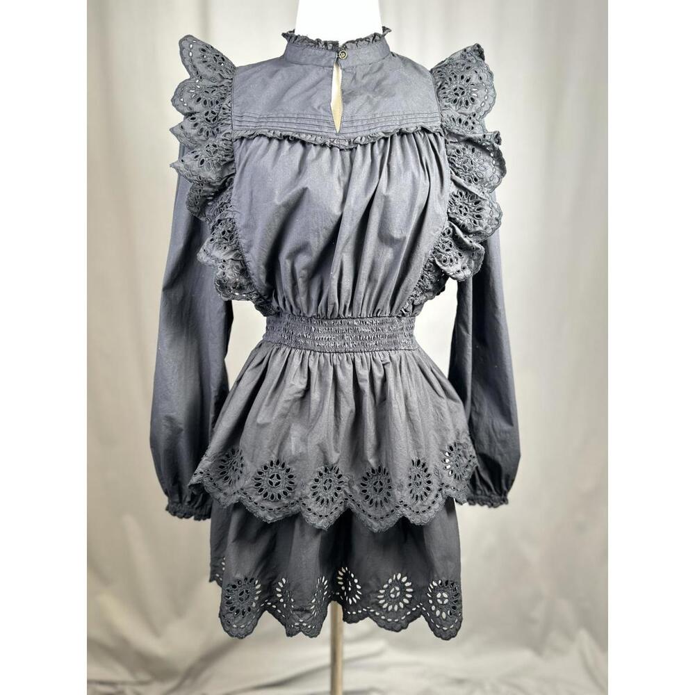 Scotch & Soda Women's Black Long Sleeve Mini Dress SZ 36 Eyelet Coquette Cottage